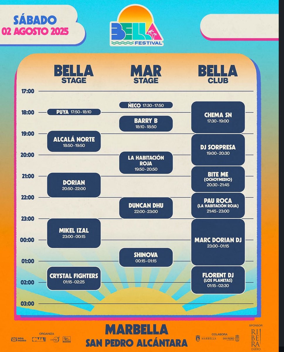 🚨 IMPORTANTE 🚨

Actualización de horarios para este sábado.

Nos vamos a las 00:15 nos vemos en el “Mar STAGE” del  Bella Festival 🤘🥪