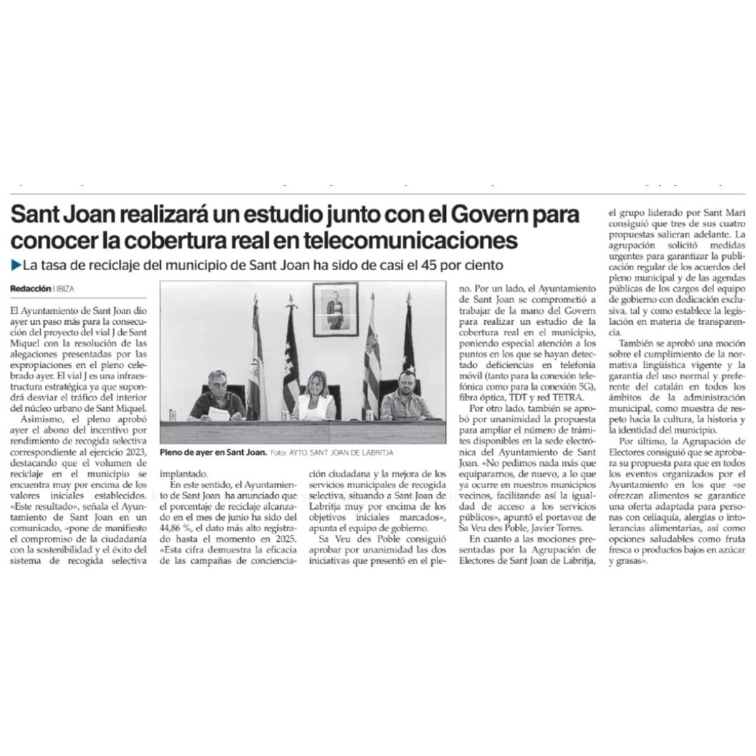 ✅Aprobadas en Sant Joan @deLabritja las mociones de nuestro concejal <a href="/JTorresEivissa/">Javier Torres 🇪🇸🇪🇺</a>.

🗣️"Gracias a <a href="/CiudadanosCs/">Ciudadanos 🇪🇸🇪🇺</a>, se estudiará la cobertura real en el municipio y se ampliarán los trámites de la sede electrónica municipal."

📰Vía <a href="/periodicibiza/">Periódico de Ibiza</a>: periodicodeibiza.es/pitiusas/ibiza…