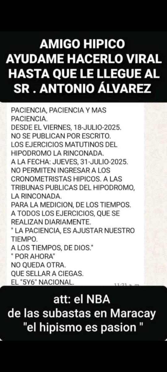 HipicaMy4051's tweet image. #ULTIMAHORA  #HIPISMO #LaRinconada
ES TENDENCIA la justificada preocupación por la falta de información sobre los trabajos y ajustes de los ejemplares, previos a las carreras. Se dice que una desaveniencia hormonal es la raíz del conflicto. 
@potroalvarez
@OficialINH