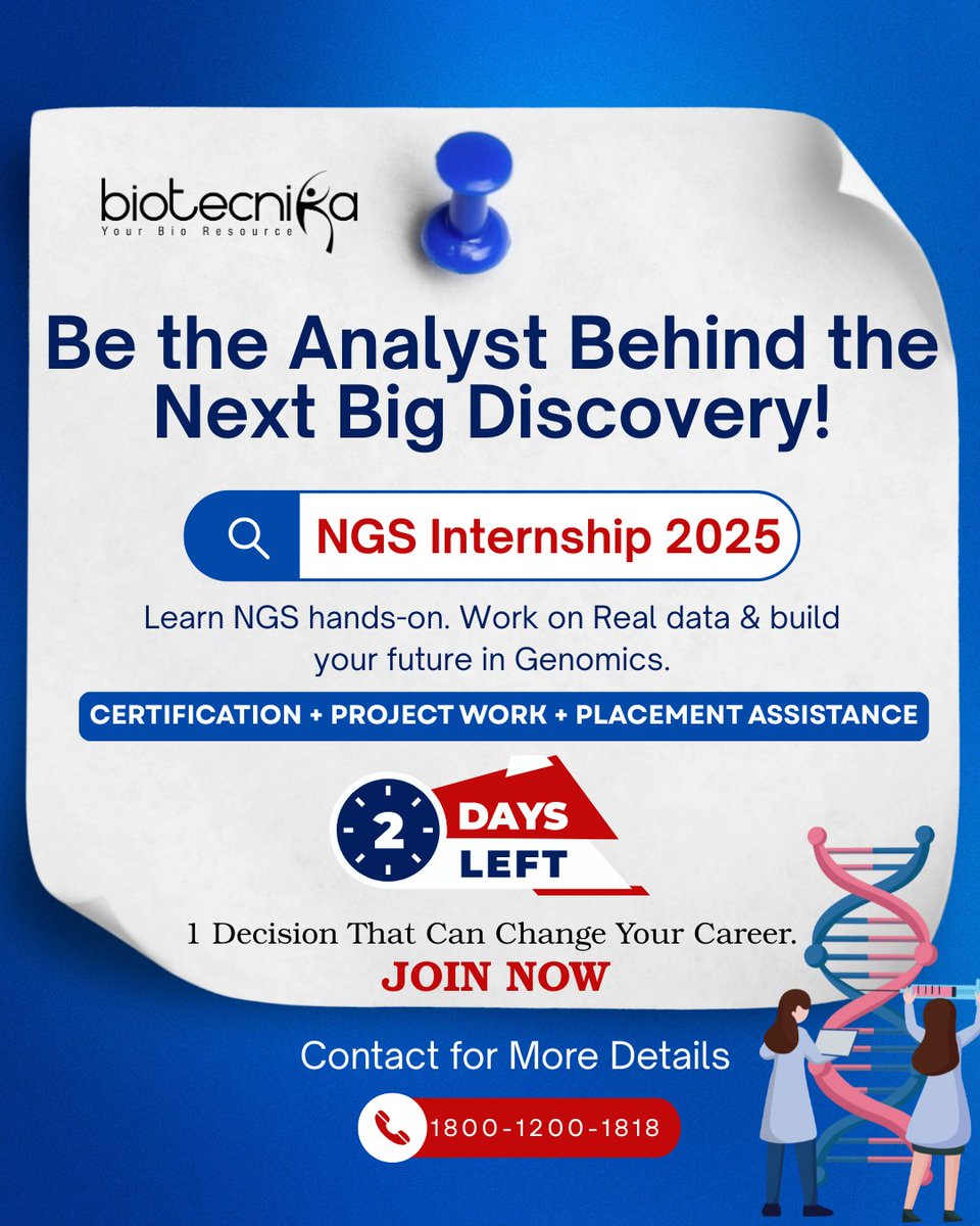 biotecnika's tweet image. 🔥 Make your research dreams come true - JUST 2 DAYS LEFT!
💪 Enrol for the NGS & Multi-Omics Data Analysis Internship at Biotecnika
📌 Register Now ➤ btnk.org/NGS-Project-Tr…
💬 Chat & Start Your Project Work: btnk.org/Contact-NGS-Ex…
#NGSInternship #BioinformaticsTraining #
