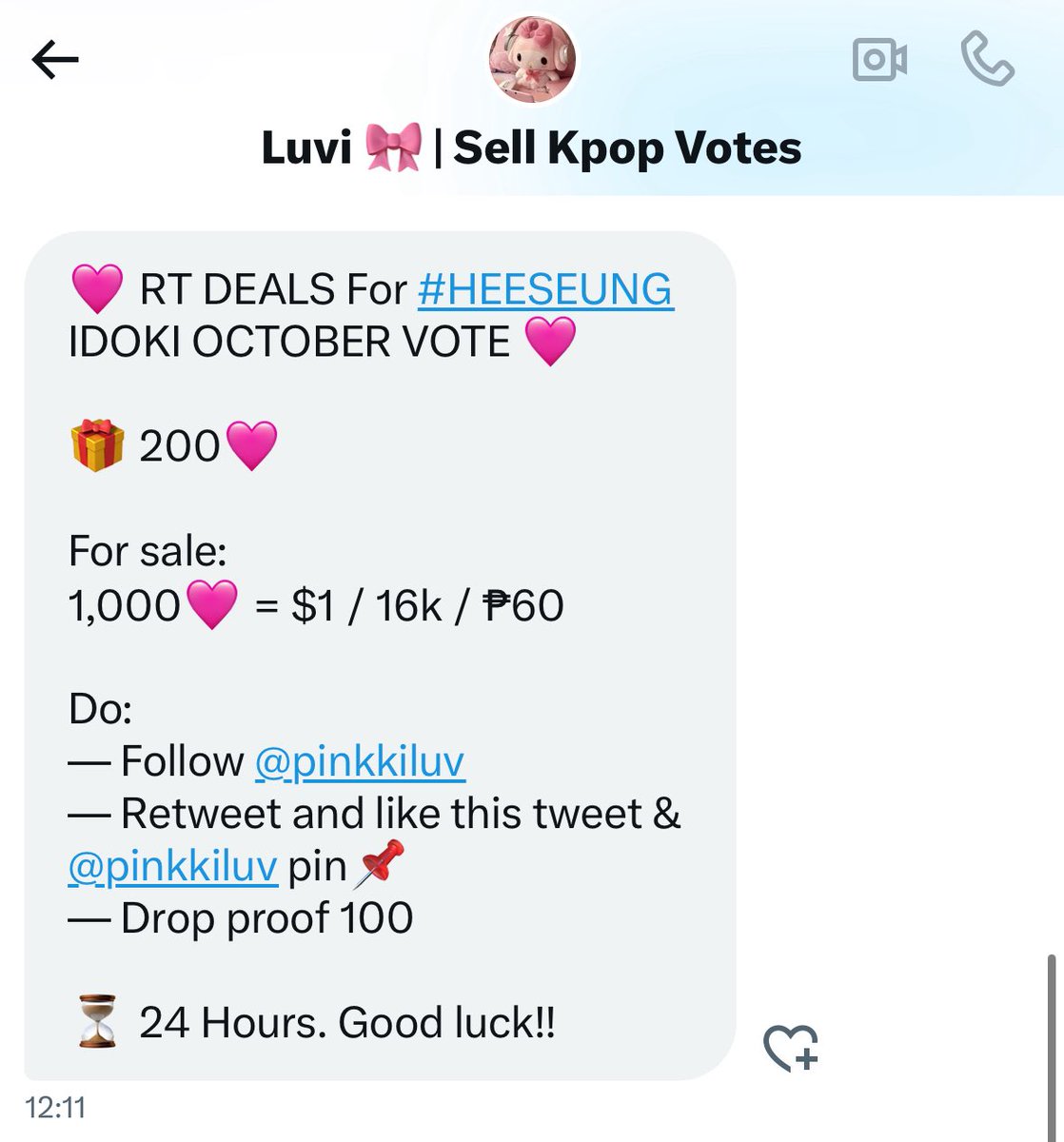 isla, jaypril โก (@meownaze) on Twitter photo ๐ฉท RT DEALS For #HEESEUNG
IDOKI OCTOBER VOTE ๐ฉท
๐ 200๐ฉท
For sale:
1,000๐ฉท = $1 / 16k / โฑ60
Do:
โ Follow <a href="/pinkkiluv/">Luvi ๐ | Sell Kpop Votes</a>
โ Retweet and like this tweet & <a href="/pinkkiluv/">Luvi ๐ | Sell Kpop Votes</a> pin๐
โ Drop proof 100
โณ๏ธ 24 Hours. Good luck!! ๐ฉท RT DEALS For #HEESEUNG
IDOKI OCTOBER VOTE ๐ฉท
๐ 200๐ฉท
For sale:
1,000๐ฉท = $1 / 16k / โฑ60
Do:
โ Follow <a href="/pinkkiluv/">Luvi ๐ | Sell Kpop Votes</a>
โ Retweet and like this tweet & <a href="/pinkkiluv/">Luvi ๐ | Sell Kpop Votes</a> pin๐
โ Drop proof 100
โณ๏ธ 24 Hours. Good luck!!