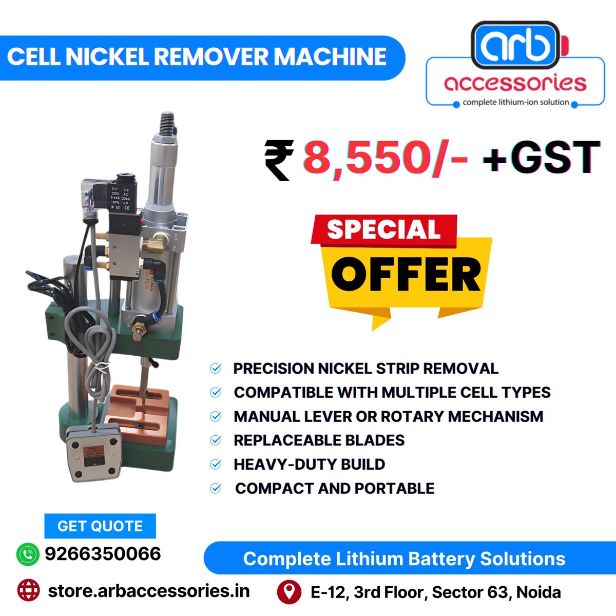 arb_ltd's tweet image. 🛠️ Cell Nickel Remover Machine Accessories
Precision tools to boost your battery repair workflow 🔋

🛒 Buy Now 👉store.arbaccessories.in/search?query=n…

 #ARBaccessories #NickelRemover #BatteryTools #18650Fixture #BladeReplacement #DIYBatteryPack #BatteryRepair #CellRefurbishment #NickelStrip