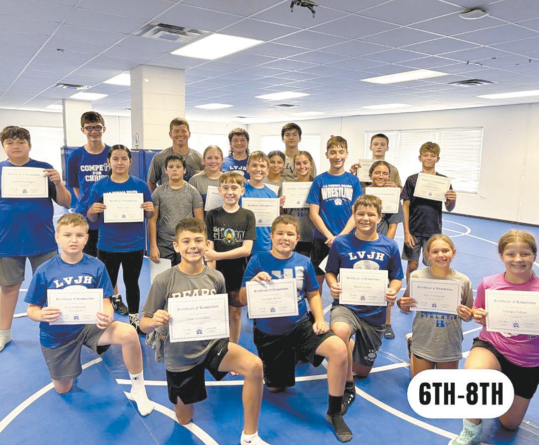 wcnonline's tweet image. Youngsters from the sixth- through eighth-grade ages line up on the wrestling mat to show off their certificates completing an impactful week of wrestling during La Vernia ISD’s wrestling camp held July 23-25. wilsoncountynews.com/articles/wrest…  #wilsoncountynews #wcn #wcnonline