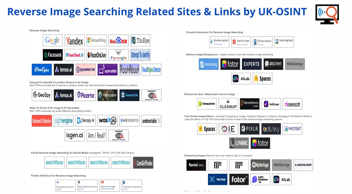 Cyber Detective💙💛 (@cyb_detective) on Twitter photo Reverse Image Searching Related Sites & Links
List by <a href="/UKOSINT/">uk-osint.net 🇪🇺🏳️🌈🏳️⚧️</a> :
- Reverse Image Searching
- Using AI To Identify A Location Shown In An Image
- Facial Reverse Image Searching On Social Media
- Remove Image Background
and more.
uk-osint.net/reverseimagese… Reverse Image Searching Related Sites & Links
List by <a href="/UKOSINT/">uk-osint.net 🇪🇺🏳️🌈🏳️⚧️</a> :
- Reverse Image Searching
- Using AI To Identify A Location Shown In An Image
- Facial Reverse Image Searching On Social Media
- Remove Image Background
and more.
uk-osint.net/reverseimagese…