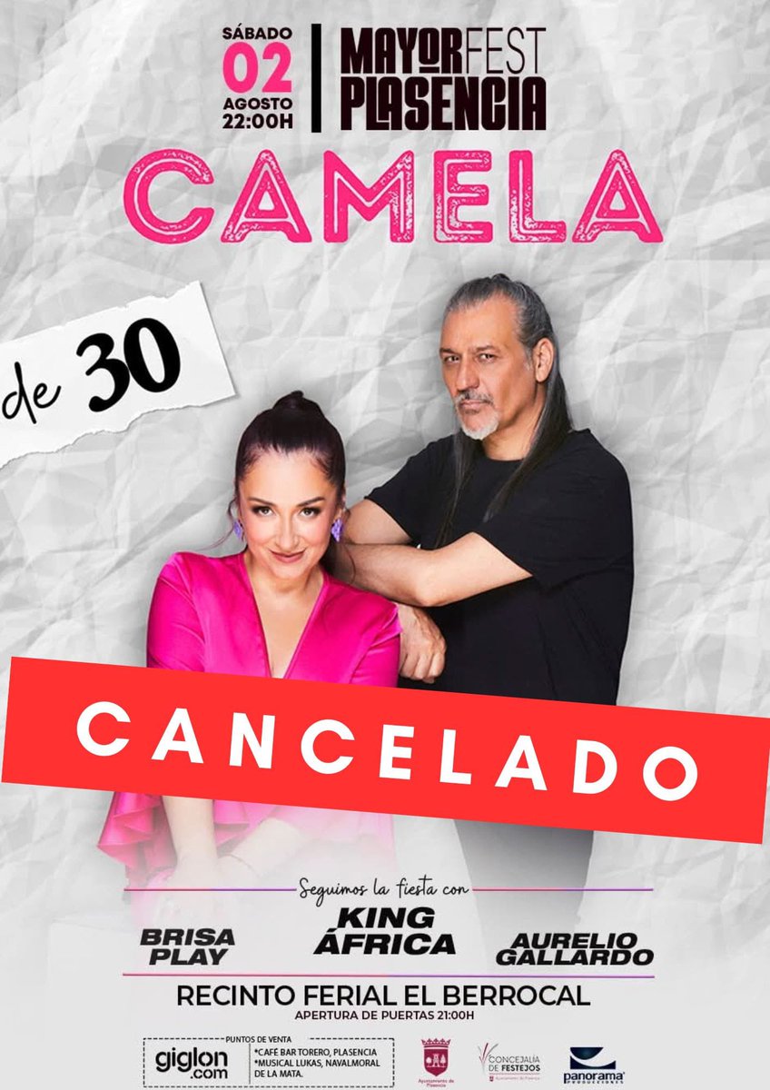 🎤 CANCELACIÓN CONCIERTO CAMELA EN PLASENCIA 💔
Por enfermedad de Dioni (Camela), nos vemos obligados a CANCELAR el Mayor Fest.
🎟️ Devoluciones:
Automáticas desde hoy en Giglon.es
Desde lunes y todo agosto en puntos de venta físicos.
Mucho ánimo a Dioni 💛