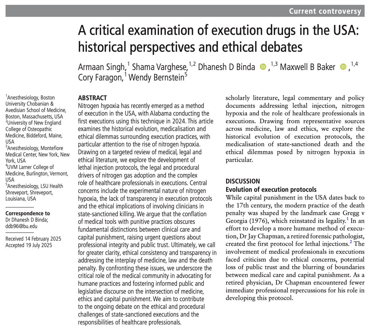 Dhanesh D. Binda, MD (@dhaneshbinda) on Twitter photo In our new <a href="/JME_BMJ/">J. of Medical Ethics</a> paper, we discuss Alabama’s use of nitrogen hypoxia to execute a prisoner on death row and raise concerns about transparency, clinical involvement, and the blurring of medicine with capital punishment amid a push for more executions.
jme.bmj.com/content/medeth… In our new <a href="/JME_BMJ/">J. of Medical Ethics</a> paper, we discuss Alabama’s use of nitrogen hypoxia to execute a prisoner on death row and raise concerns about transparency, clinical involvement, and the blurring of medicine with capital punishment amid a push for more executions.
jme.bmj.com/content/medeth…