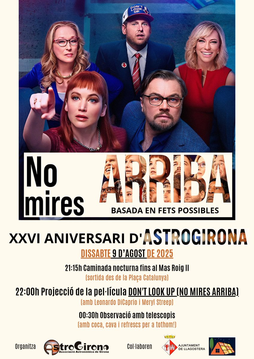 S’acosta el nostre aniversari! 🎉
Ho celebrarem amb caminada nocturna, cinema a la fresca (“No mires arriba”), observació amb telescopis, coca i cava! 🌙🔭🥂
📅 Dissabte 9 d’agost
📍 Mas Roig II
💸 Gratuït, sense inscripció prèvia

Amb la col·laboració de <a href="/llagosteraldia/">Ajuntament de Llagostera</a>