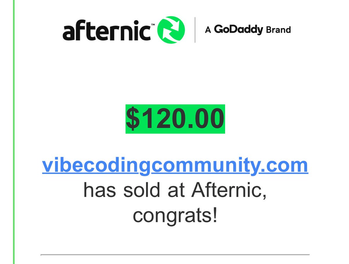 Duval.ai (@duval_ai) on Twitter photo We’re on the board for August 💥
Just sold VibecodingCommunity .com for $120 — hand-registered March 2025. We’re on the board for August 💥
Just sold VibecodingCommunity .com for $120 — hand-registered March 2025.
