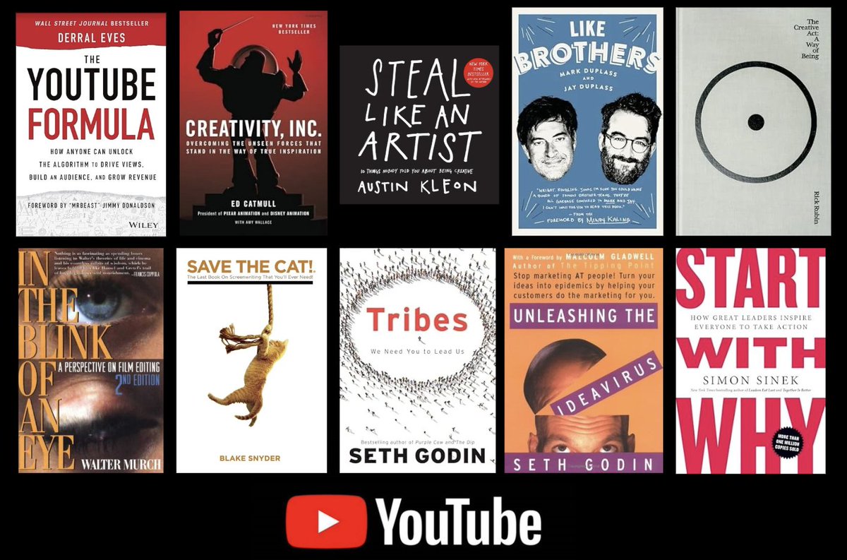 Ease Media (@theeasemedia) on Twitter photo 10 Most Recommended Books for YouTube Creators:
1. The Youtube Formula by <a href="/derraleves/">Derral Eves</a>
2. Creativity, Inc. by <a href="/edcatmull/">Edwin Catmull</a>
3. Steal Like an Artist by <a href="/austinkleon/">Austin Kleon</a>
4. Like Brothers by <a href="/MarkDuplass/">Mark Duplass</a> & <a href="/jayduplass/">Jay Duplass</a>
5. The Creative Act by <a href="/RickRubin/">Rick Rubin</a>
6. In the Blink of An Eye by 10 Most Recommended Books for YouTube Creators:
1. The Youtube Formula by <a href="/derraleves/">Derral Eves</a>
2. Creativity, Inc. by <a href="/edcatmull/">Edwin Catmull</a>
3. Steal Like an Artist by <a href="/austinkleon/">Austin Kleon</a>
4. Like Brothers by <a href="/MarkDuplass/">Mark Duplass</a> & <a href="/jayduplass/">Jay Duplass</a>
5. The Creative Act by <a href="/RickRubin/">Rick Rubin</a>
6. In the Blink of An Eye by