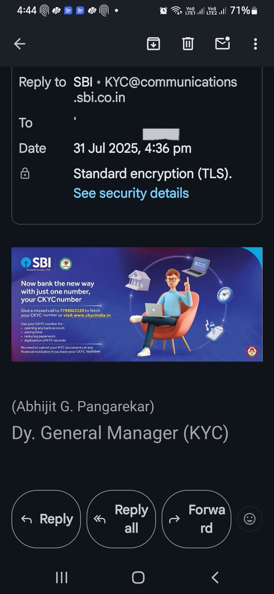 Kedar6500's tweet photo. @TheOfficialSBI 

Is it a official communication on CKYC from "SBI • KYC@communications.sbi.co.in". Screenshot below https://t.co/cjucMx4Wq4