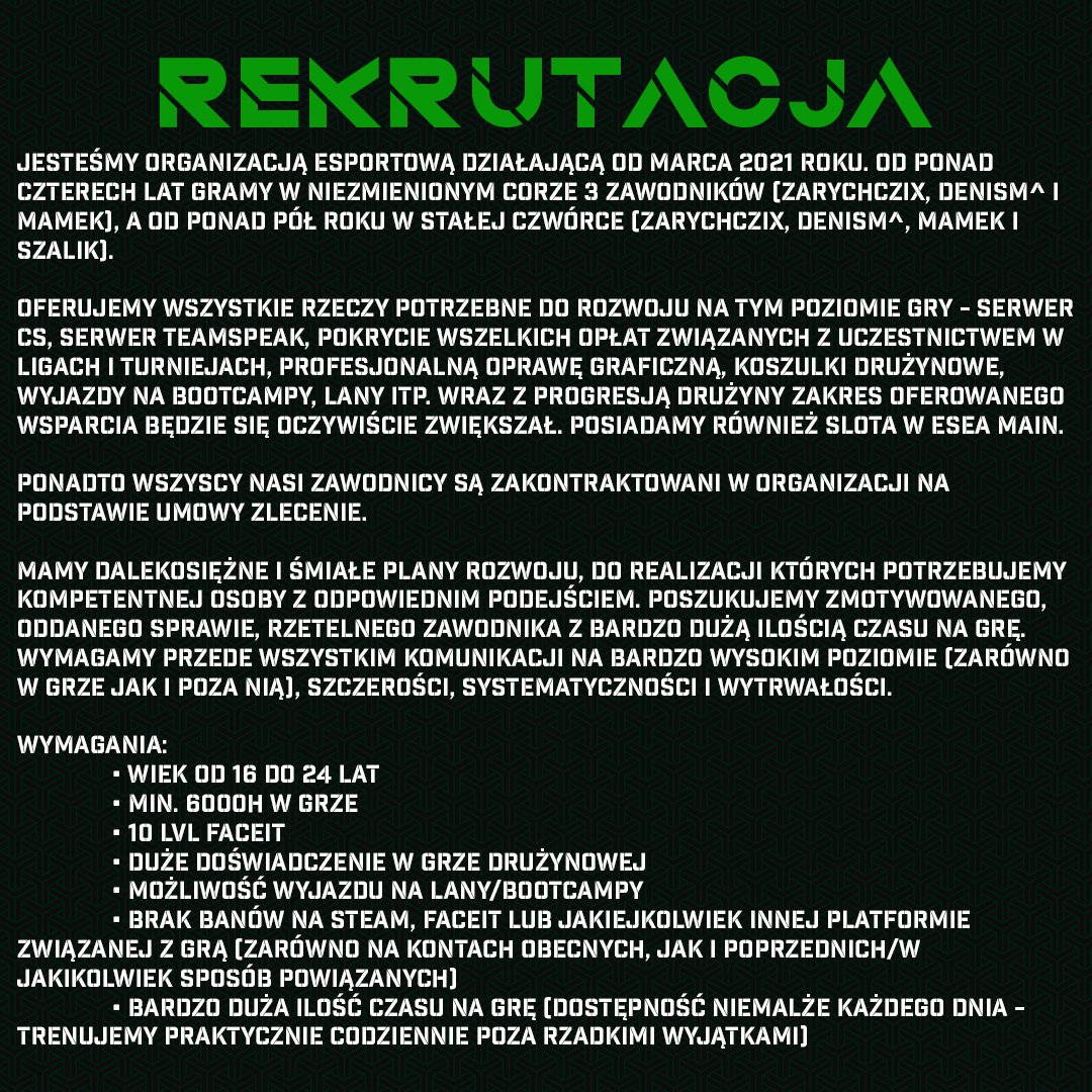 Post in polish since we're looking for a polish player 🇵🇱

‼️POSZUKIWANY ZAWODNIK DO DRUŻYNY‼️

Szukamy ANCHORA (lurkera/zwodnika pasywnego), z którym będziemy mogli pozostać w stałym składzie przez co najmniej kilka miesięcy
Pełne ogłoszenie wraz z wymaganiami poniżej