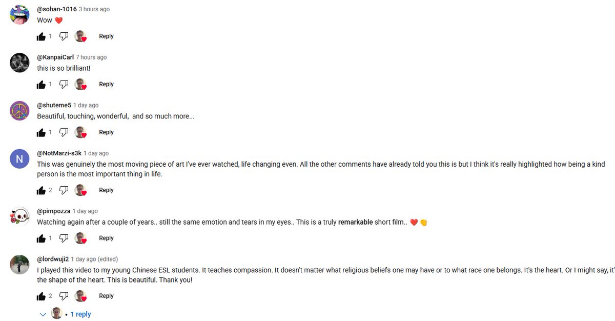 Comments on my short film "Two Strangers Who Meet Five Times" in the last 24 hours. A short I made for £25k and put up on Youtube in 2019 - approaching 4m views. Why indie film matters. You can watch it here:
youtube.com/watch?v=BzKtI9…