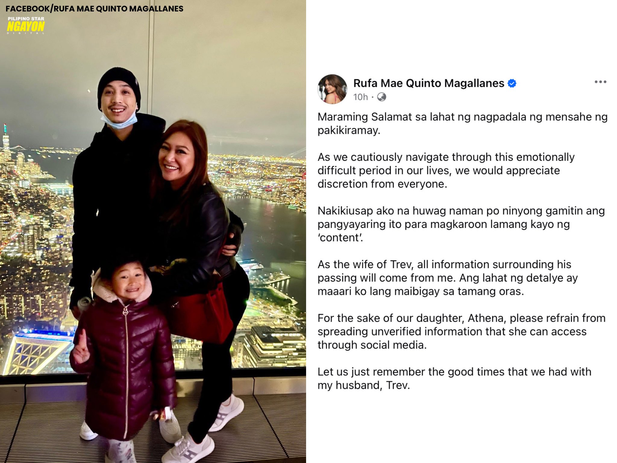 Pilipino Star Ngayon Digital on X: "'FOR THE SAKE OF OUR DAUGHTER ATHENA,  PLEASE REFRAIN FROM SPREADING UNVERIFIED INFORMATION' Aktres na si Rufa Mae  Quinto, nag-post ng ilang throwback photos kasama ang