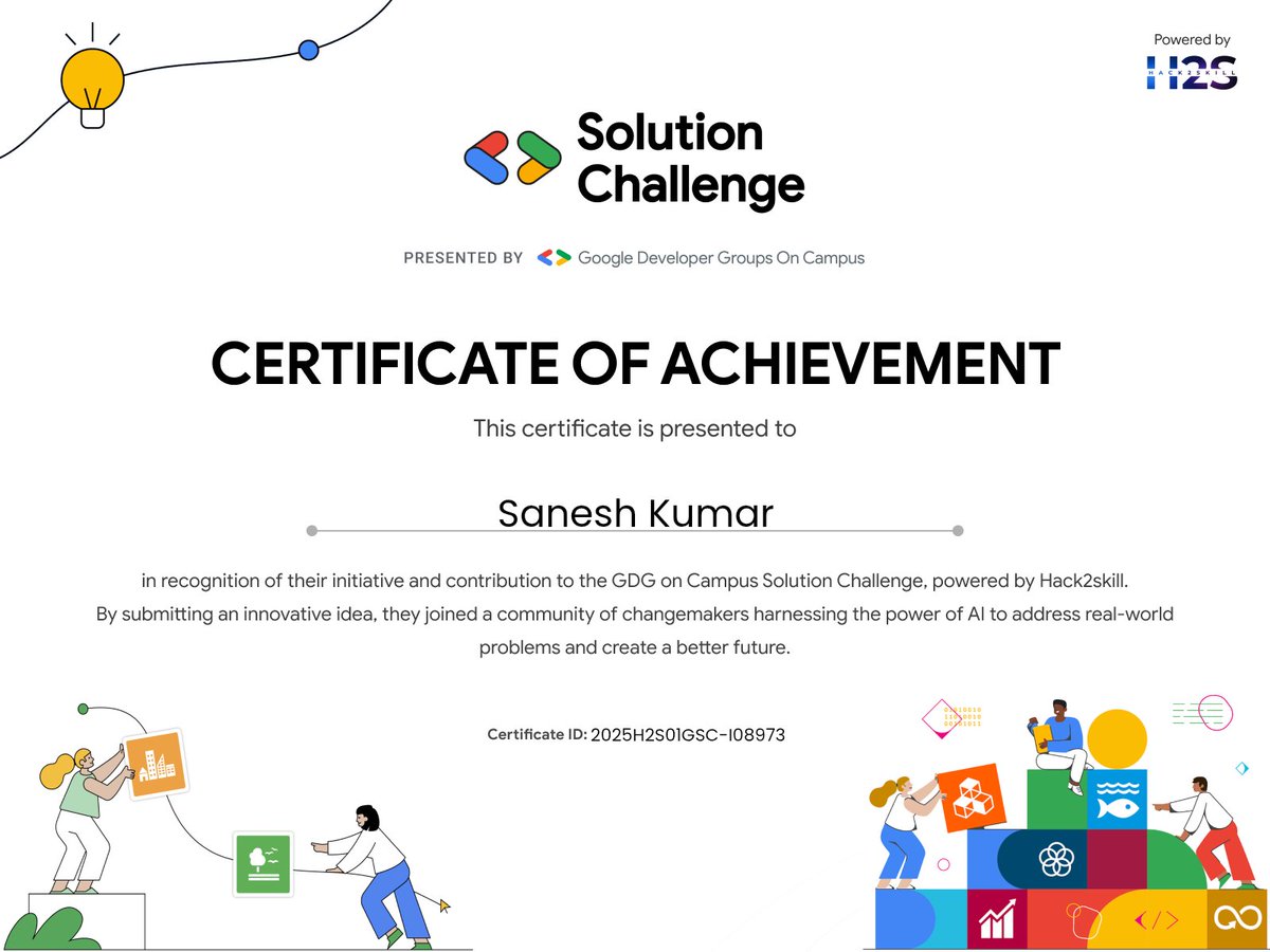 Sanesh847's tweet image. 🚀 Just submitted my idea for the GDG on Campus Solution Challenge India by @Hack2skill & @GoogleDevs
Excited to be part of a platform solving real-world problems through tech!
#GDGIndia #Hack2Skill #SolutionChallenge #TechForGood #CSStudent #BTech #Innovation #AI #devcommunity