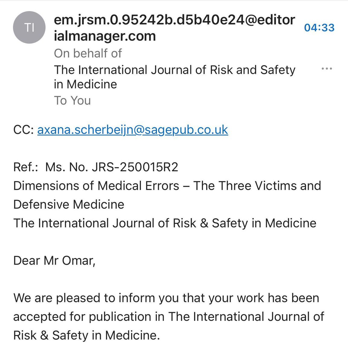 Delighted to share that our article, “Dimensions of Medical Errors – The Three Victims and Defensive Medicine,” has been accepted for publication in the International Journal of Risk &amp; Safety in Medicine.
<a href="/IslamOmar82/">Islam Omar, MB BCh, MSc, MRCS, FEBS/GenSurg, ChM</a>