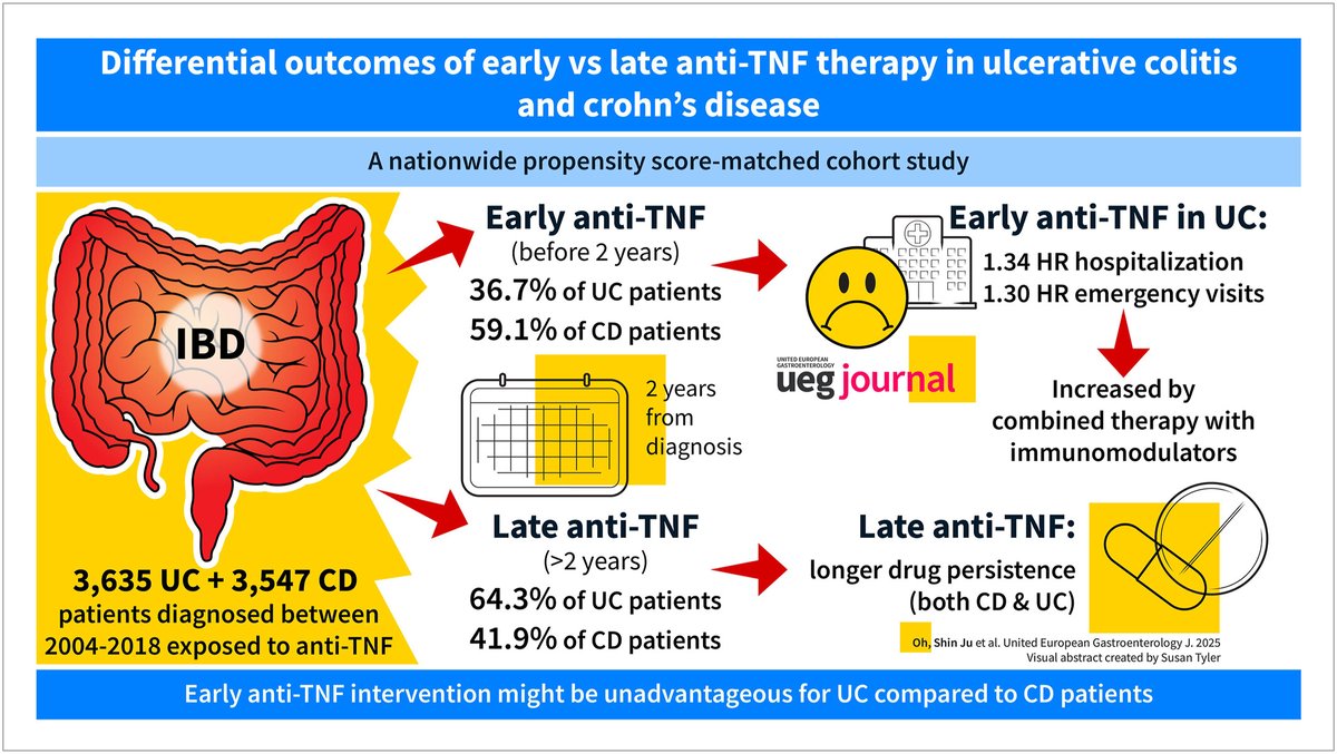 📢 New  study alert! 

Early anti-TNF 💊 may not suit everyone with #IBD. 
🟢 For CD, early start = ✅ fewer surgeries &amp; better outcomes. 
🔴 For UC, early use = 🔺 more hospital &amp; ED visits. 

🧵🪡 timing is crucial—especially for UC! 

⬇️⬇️⬇️
bit.ly/3HdpCIj

<a href="/my_ueg/">my_UEG</a>