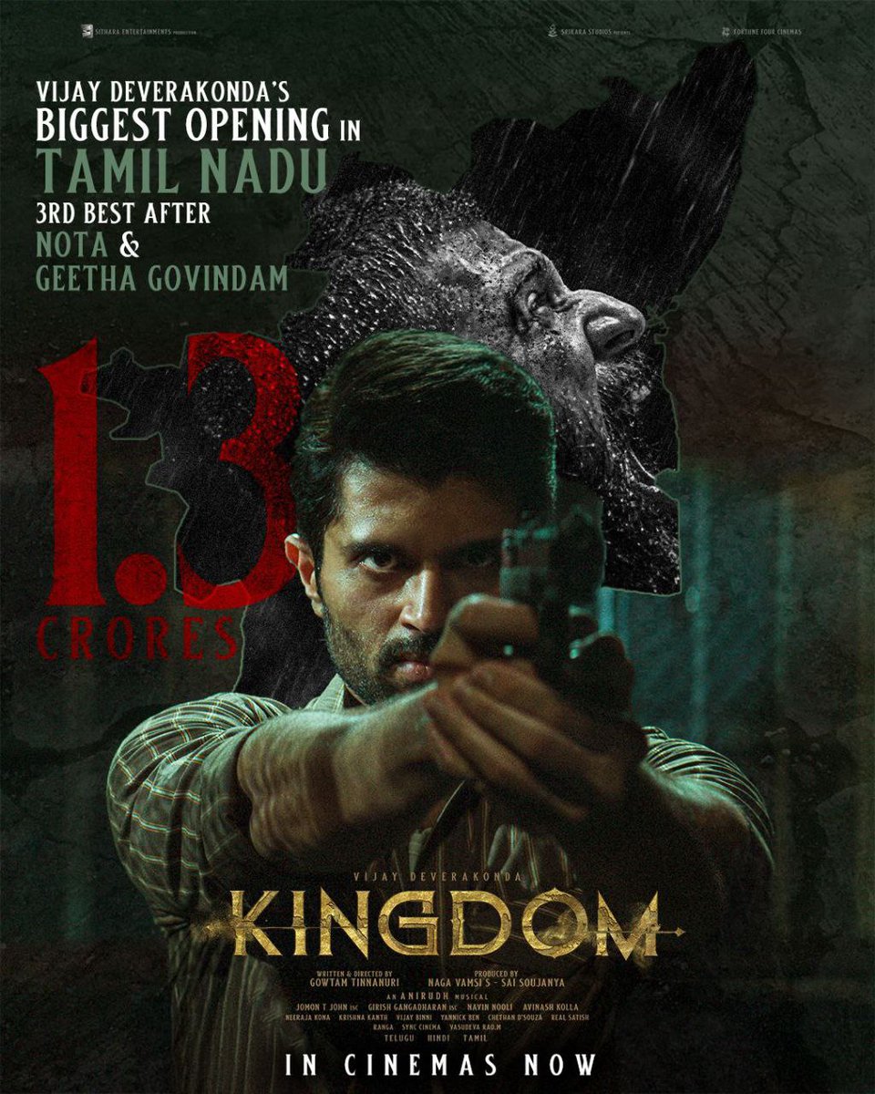 Adityavarmavd's tweet photo. "Breaking records and winning hearts! ❤️ 1.3 Crores on Day 1 in Tamil Nadu! #Kingdom #VijayDeverakonda #VDCult #BlockbusterOpening #TamilCinema #SouthIndianFilms #CinemaLove #BestActor https://t.co/OSHO8EhoMW