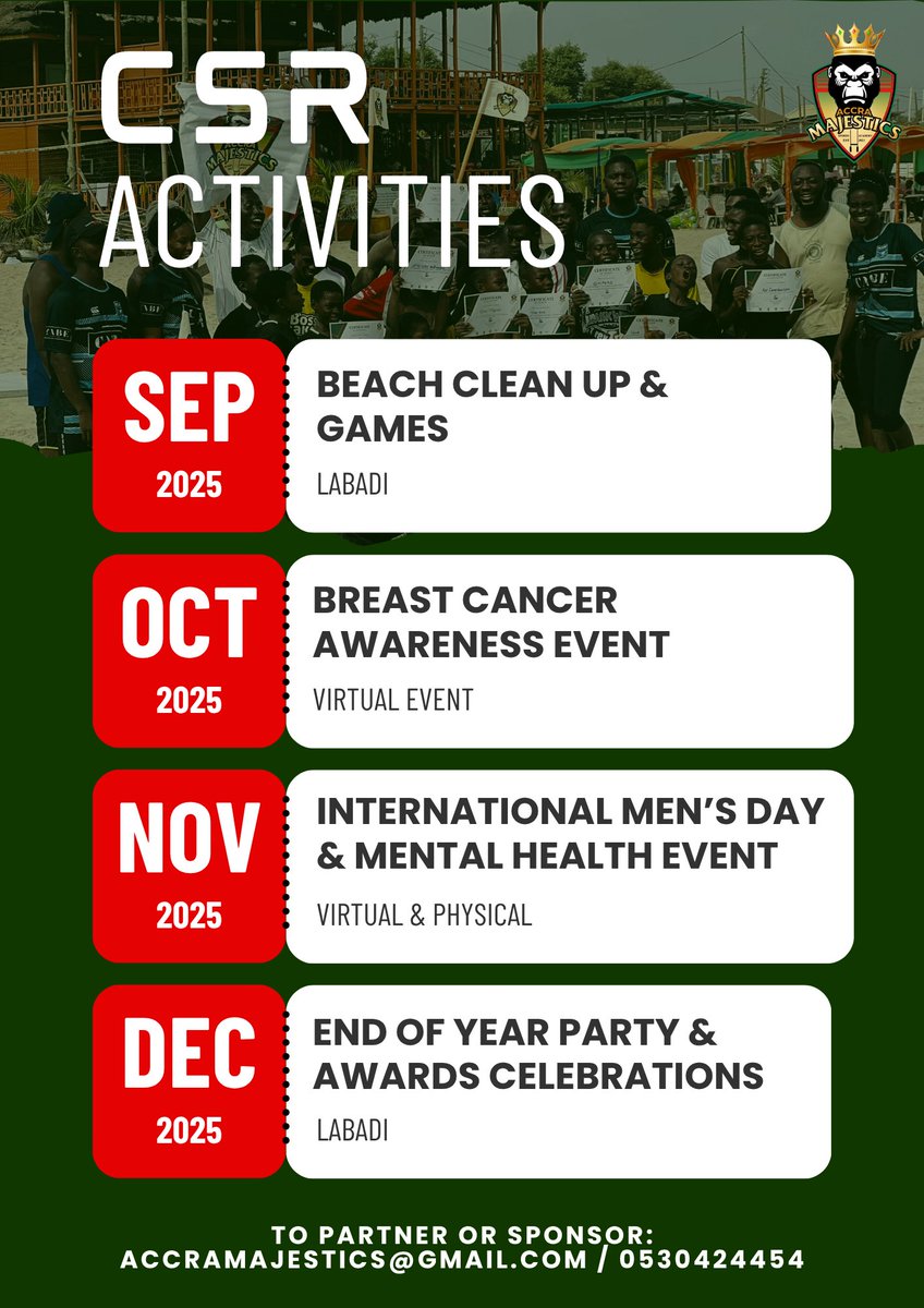AccraMajestics's tweet image. 📅 Mark Your Calendars!
From beach clean-ups to mental health advocacy and year-end celebrations — Accra Majestics is rolling out impactful CSR events from September to December 2025.

Join us as we give back, raise awareness, and celebrate community through sports and service.…