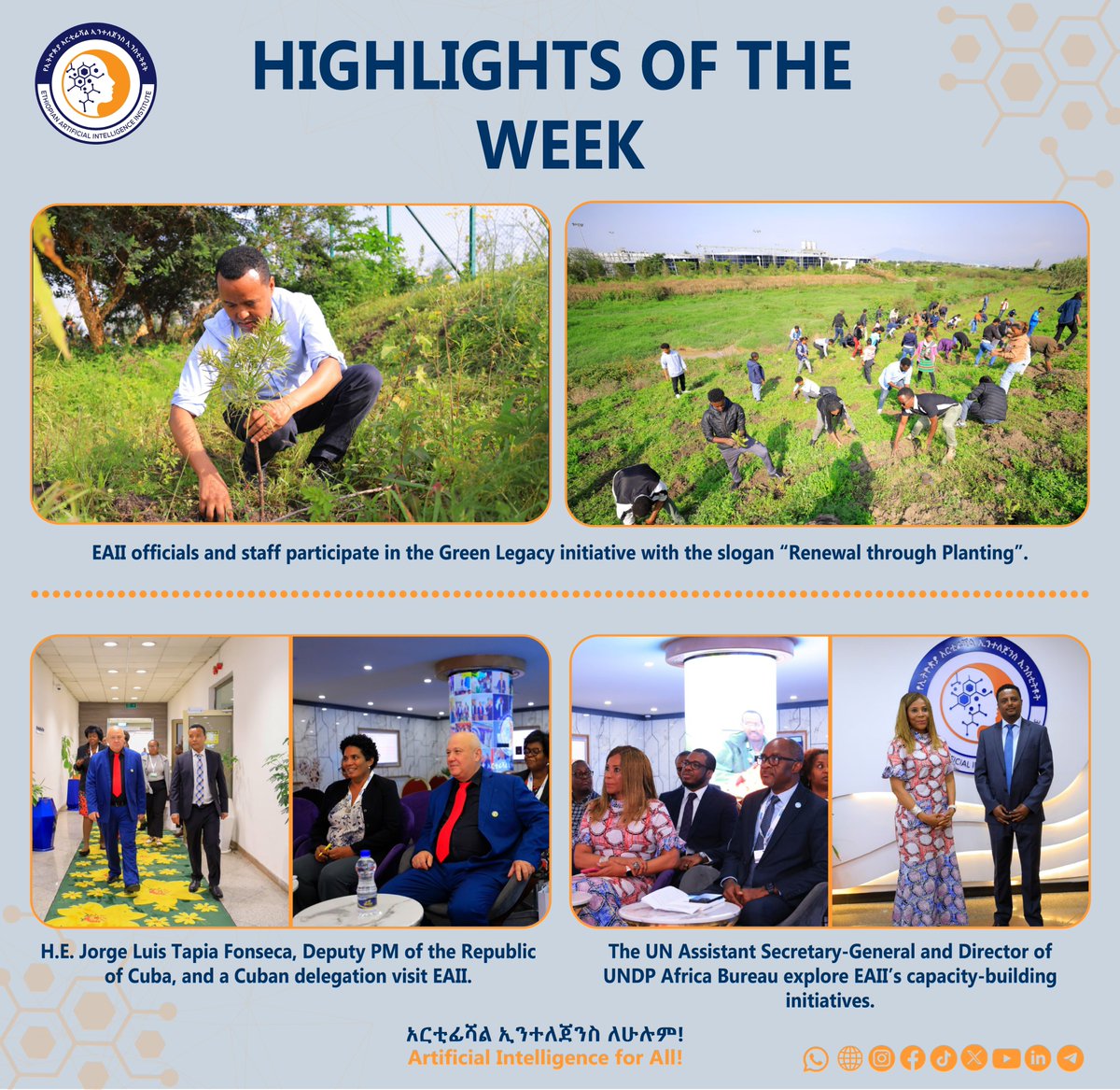 EthiopianAII's tweet photo. #HighlightsOfTheWeek
🇨🇳 EAII joins #WAIC2025 in Shanghai. DG Worku Gachena(Ph.D.), calls for global collaboration in AI.

🇺🇳 UNDP’s Ahunna Eziakonwa visits EAII; talks on AI UniPod &amp; Start-Up Center progress.

🇨🇺 Cuba’s DPM visits EAII, aims to model #Ethiopia’s AI PhD program. https://t.co/E4Yl8vc0uK