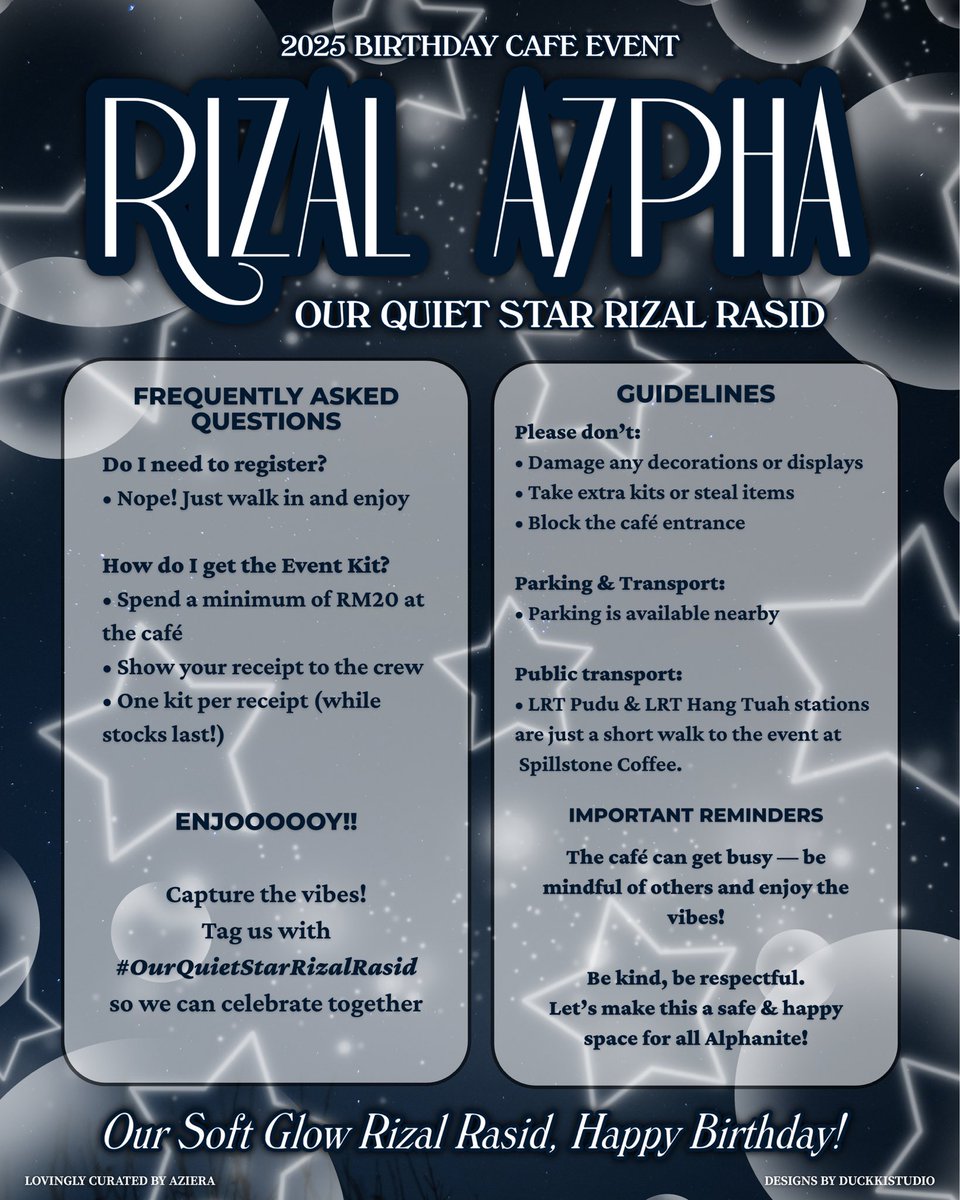 Hey Alphanite ✨, For the first time ever — we’re celebrating Rizal Rasid’s birthday with a cupsleeve event 🎉

📍 Spillstone Coffee, KL
📅 6 September 2025 (Saturday)
🕛 12:00PM – 5:30PM

A non-official fan celebration, made with love.

#OurQuietStarRizalRasid #A7PHA
#alphanite
