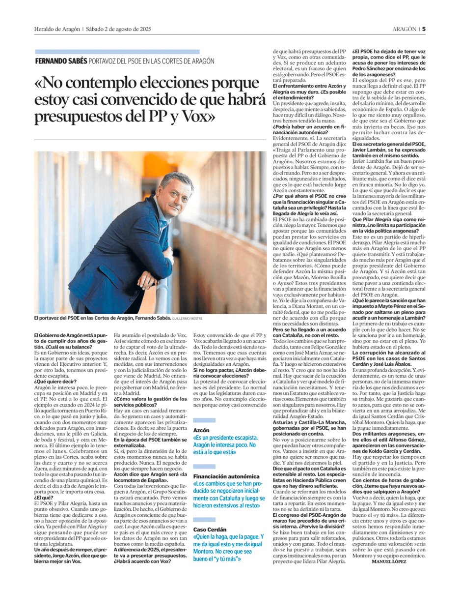 PSOE Aragón (@aragonpsoe) on Twitter photo ¡Buenos días! 🌤️
👥 Compartimos la entrevista de <a href="/heraldoes/">Heraldo de Aragón</a> a nuestro portavoz en las Cortes, <a href="/fsabes/">Fernando Sabés</a>:
🗣️ "Cuando uno gobierna tiene que dedicarse a eso, no a hacer oposición de la oposición. Ya perdió con Pilar Alegría y sigue pensando que puede ser otro presidente del PP que ¡Buenos días! 🌤️
👥 Compartimos la entrevista de <a href="/heraldoes/">Heraldo de Aragón</a> a nuestro portavoz en las Cortes, <a href="/fsabes/">Fernando Sabés</a>:
🗣️ "Cuando uno gobierna tiene que dedicarse a eso, no a hacer oposición de la oposición. Ya perdió con Pilar Alegría y sigue pensando que puede ser otro presidente del PP que