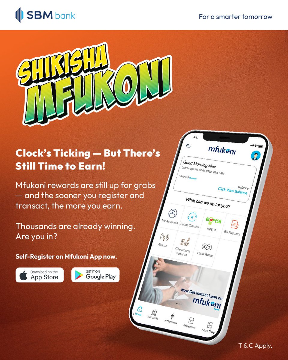 Time’s running out, but rewards are still up for grabs!

Download the Mfukoni App, transact &amp; earn. Simple. 

Learn more: bit.ly/SBMShikishaMfu…

#ShikishaMfukoni #BankSmart #ForASmarterTomorrow