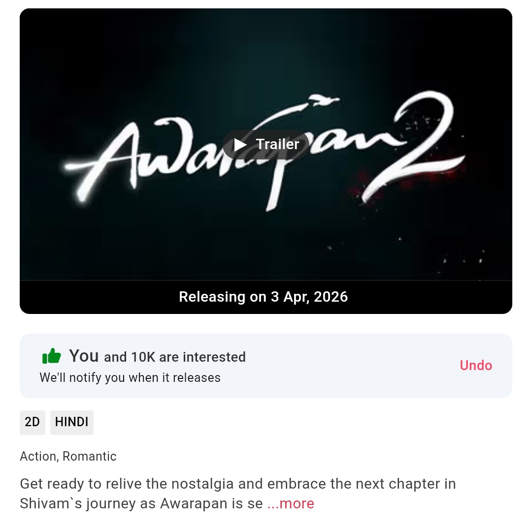 Ⓓⓐⓛⓘⓨⓐ (@emmikkc5) on Twitter photo #Awarapan2 hits 10K interest on BMS💥 Still 8 months to go, but the hype is already sky-high!  💥💥 
#EmraanHashmi #Awarapan2 hits 10K interest on BMS💥 Still 8 months to go, but the hype is already sky-high!  💥💥 
#EmraanHashmi