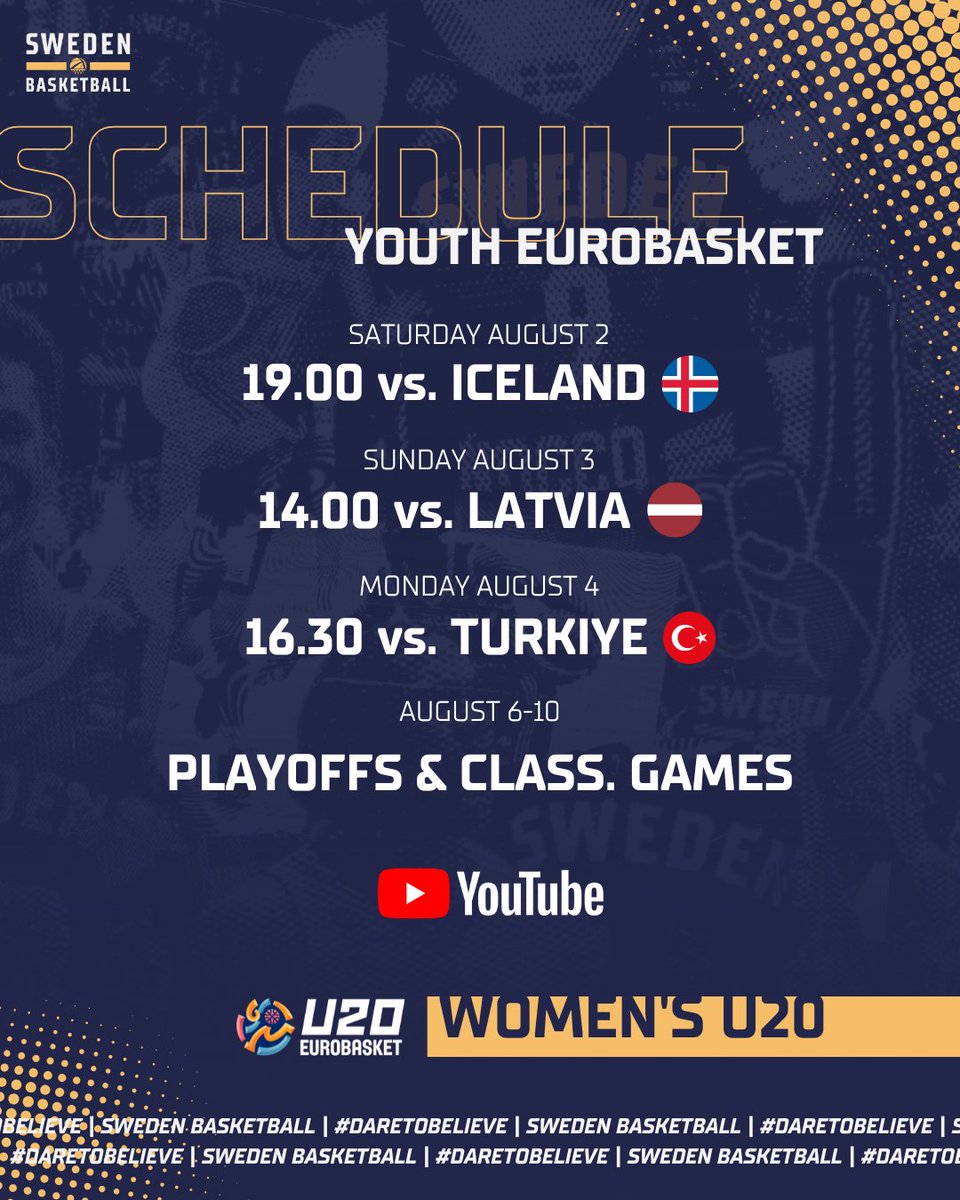 It’s GAMEDAY! 🇸🇪🏆

The Women’s U20 starts off their #U20EuroBasket vs. 🇮🇸 today - let’s get it! 👊
📋 Check out the WU20:s roster and schedule for the EB.

📺 Watch live: youtube.com/watch?v=mjXqkb…

#SwedenBasketball | #DareToBelieve