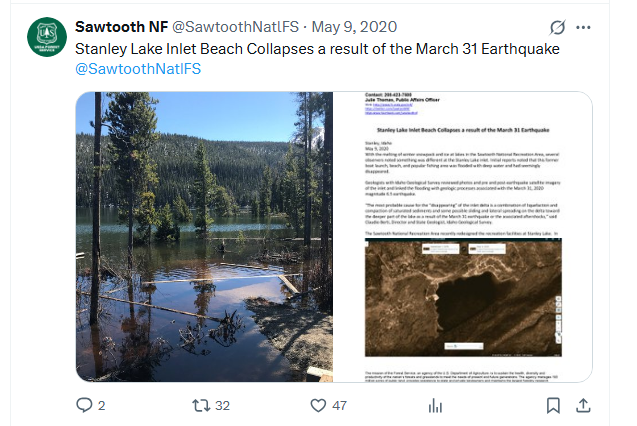 The beach fell into the lake after an earthquake. We paddleboarded over the tops of trees. Where I am standing in the cartoon photo is no longer there.
Stanley Lake, Idaho