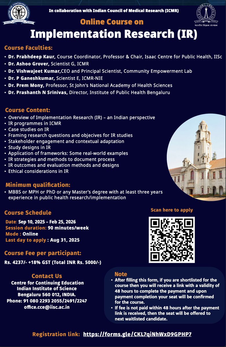 IPH Bengaluru (@iphindia) on Twitter photo Announcing this new online course on Implementation Research by the Isaac Centre for Public Health - Indian Institute of Science.
<a href="/prashanthns/">daktre/ಡಾಕ್ಟ್ರೇ</a> , Director & Senior Fellow at the Institute of Public Health, Bengaluru will be co-teaching the course with other senior faculty from Announcing this new online course on Implementation Research by the Isaac Centre for Public Health - Indian Institute of Science.
<a href="/prashanthns/">daktre/ಡಾಕ್ಟ್ರೇ</a> , Director & Senior Fellow at the Institute of Public Health, Bengaluru will be co-teaching the course with other senior faculty from