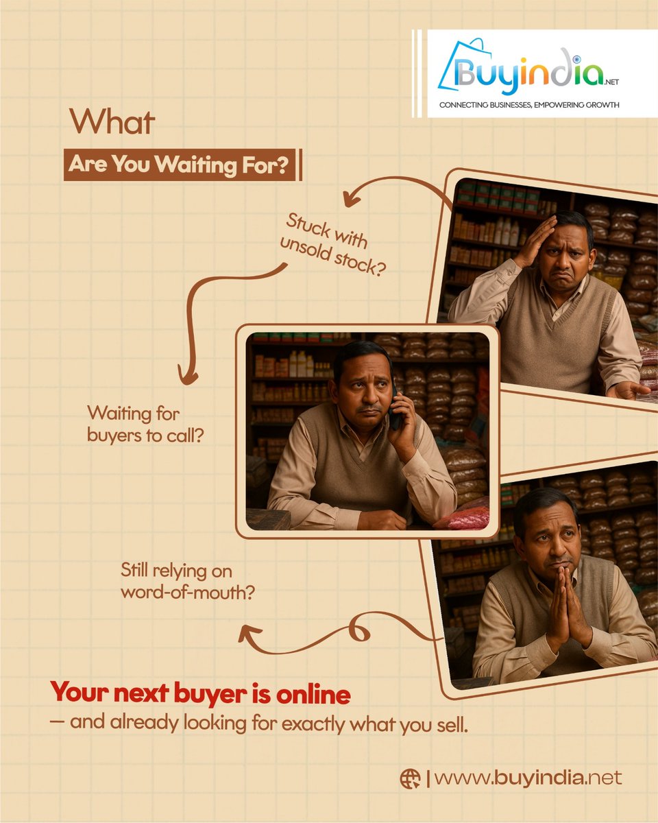 BuyindiaB2B's tweet photo. Still stuck with unsold stock?
Tired of waiting for buyers to call?
Start selling smarter with **https://t.co/k7RuyOgn3A** โ where real buyers meet real sellers. No more waiting. Just growth. ๐ผ๐
#BuyIndiaNet #B2BSelling #UnsoldStock #DigitalIndia #GrowYourBusiness #SMEsIndia https://t.co/T1JFN5ILVB