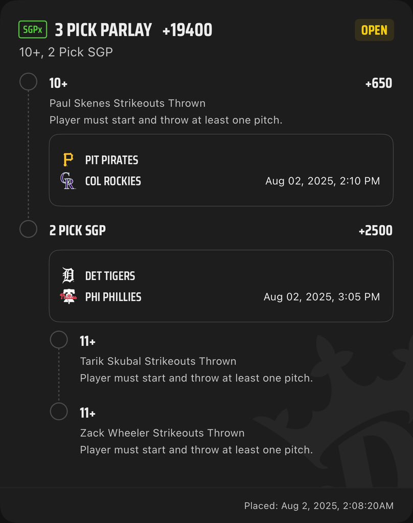Could be the greatest K slate in a minute so i got to take a shot!🫱🏽‍🫲🏾✳️

The top 3 pitchers in the MLB against K prone lineups? i’m in🥱

Skenes x Wheeler x Skubal

8/9/9 (+1209)
9/10/10(+5069)
10/11/11 (+19400)⚠️

let’s pray for a good slate🥎💚
#gamblingX #GamblingTwitter