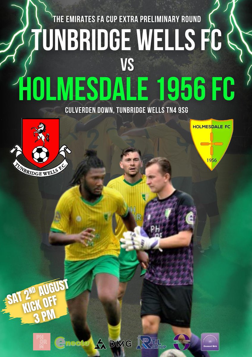 📢COMING UP 📢    

🔰  𝗠𝗔𝗧𝗖𝗛𝗗𝗔𝗬 🔰
#Dale travel away in the <a href="/EmiratesFACup/">Emirates FA Cup</a> 🏆 
#COYD 💛💚

<a href="/Tun_Wells_FC/">Tunbridge Wells FC</a>
v
<a href="/HolmesdaleFC/">Holmesdale 1956 FC</a>

<a href="/TWFCsupporters/">TWFCSupporters</a>
<a href="/NonLeagueCrowd/">Non League Crowds</a>
<a href="/KentOnlineSport/">KentOnline Sport</a>

📅 Sat 2nd August 
🆚 Tunbridge Wells 
⏰ 15.00pm
🏟 Culverden Down, Tunbridge Wells, Kent TN4 9SG