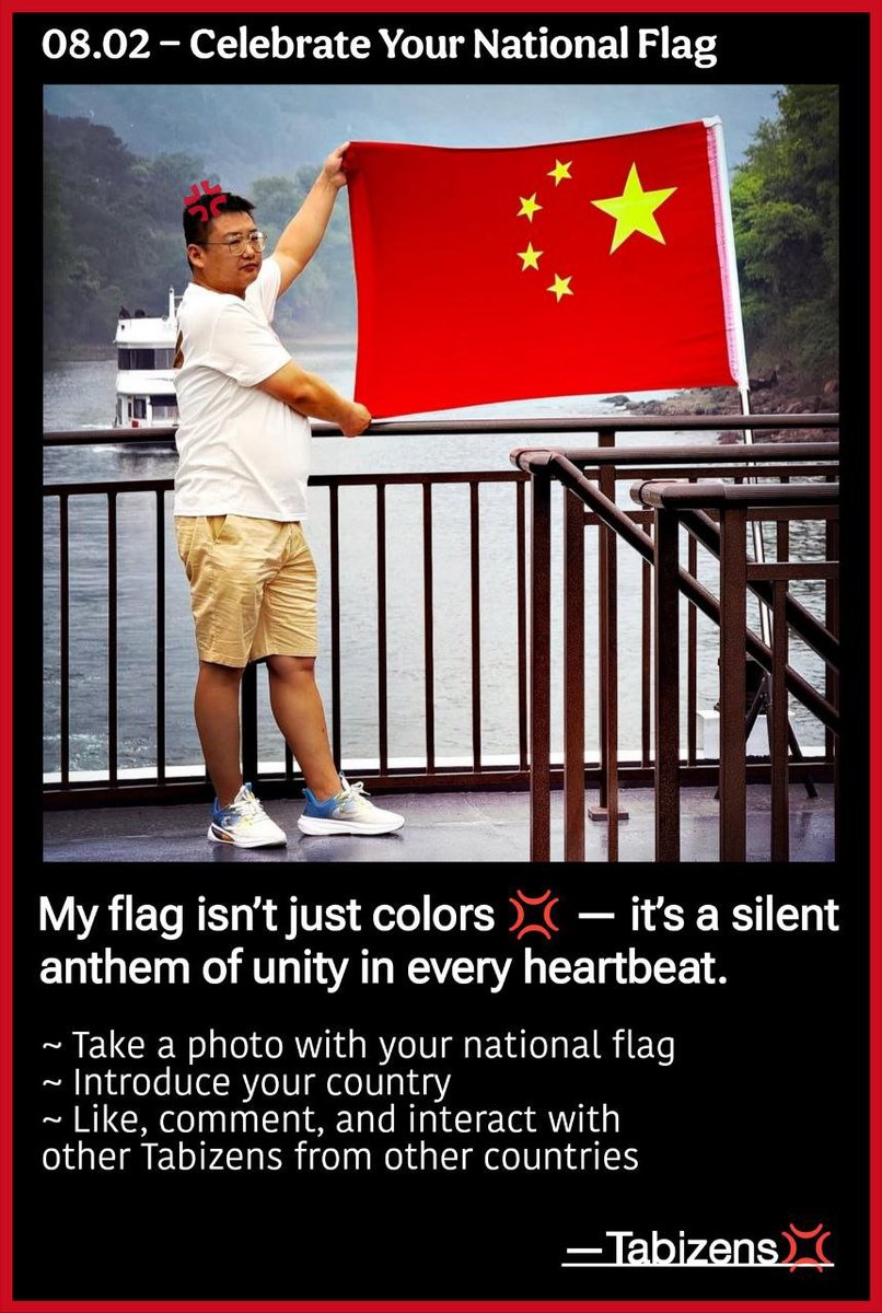 Tabizens's tweet photo. ๐ข 2nd August 2025 | Daily Task
โ
Take a photo with your national flag
โ
Introduce your country
โ
Like, comment, and interact with other Tabizens from other countries
Letโs show the power of unity!