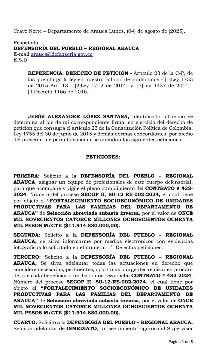 JAlexanderL_19's tweet photo. La #Corrupción, inicia cuando se le cohíbe a un ciudadano obtener información pública, de fuentes públicas, de entidades públicas, con funciones públicas y recursos públicos. Señores @GobArauca; Favor responder los radicados que están en curso. @DefensoriaCol @PGN_COL https://t.co/vSaaMPYVA5