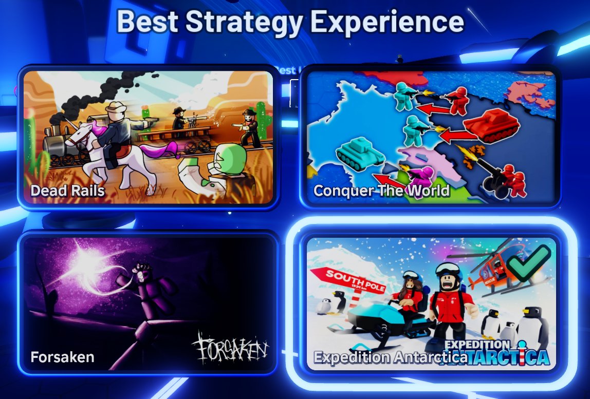 StudioPlayduo's tweet photo. We've been nominated for Best Adventure and Best Strategy experience at this year's Roblox Innovation Awards! ✨

If you've enjoyed playing Expedition Antarctica, we would greatly appreciate your vote. Thank you so much for the support! 💖
#roblox #expeditionantarctica