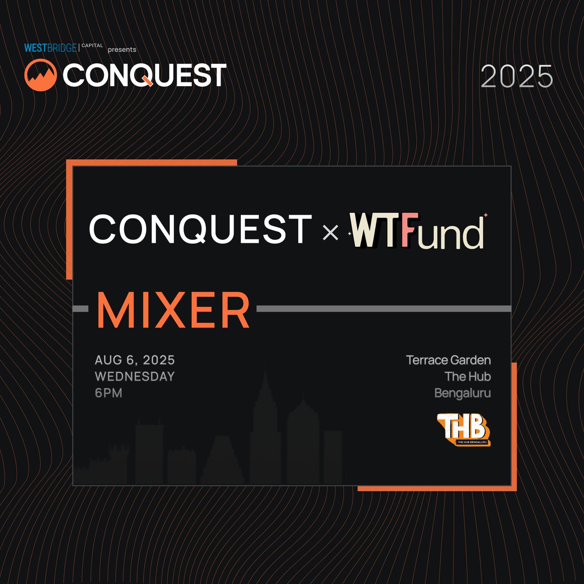 WTFund × Conquest Mixer
📍 The Hub, Bangalore

Join us and the <a href="/TheWTFund/">WTFund</a> team at <a href="/thehubbengaluru/">The Hub Bengaluru</a> for an exclusive gathering of founders, early-stage investors, and VCs who share a passion for shaping India’s startup ecosystem!

Register now: lu.ma/i65v6p7q