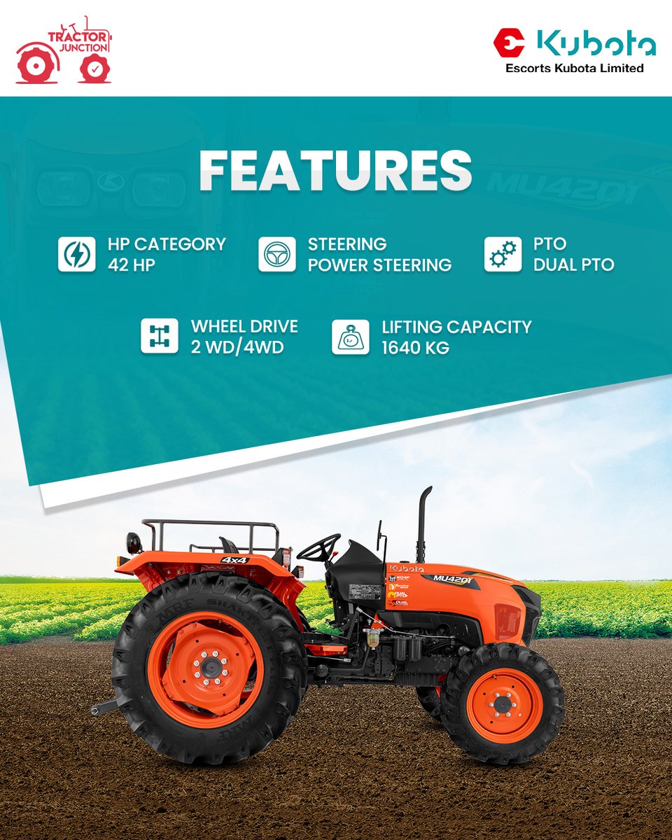 tractorjunction's tweet image. @EscortsKubota drops the all-new MU4201 in both 2WD &amp;amp; 4WD! 💪
Built for the fields, packed with tech – this tractor’s all about raw power and smart engineering

Swipe to know more&amp;gt;&amp;gt;

#KubotaMU4201 #TractorLaunch #KubotaIndia #FarmingRevolution #TractorJunction