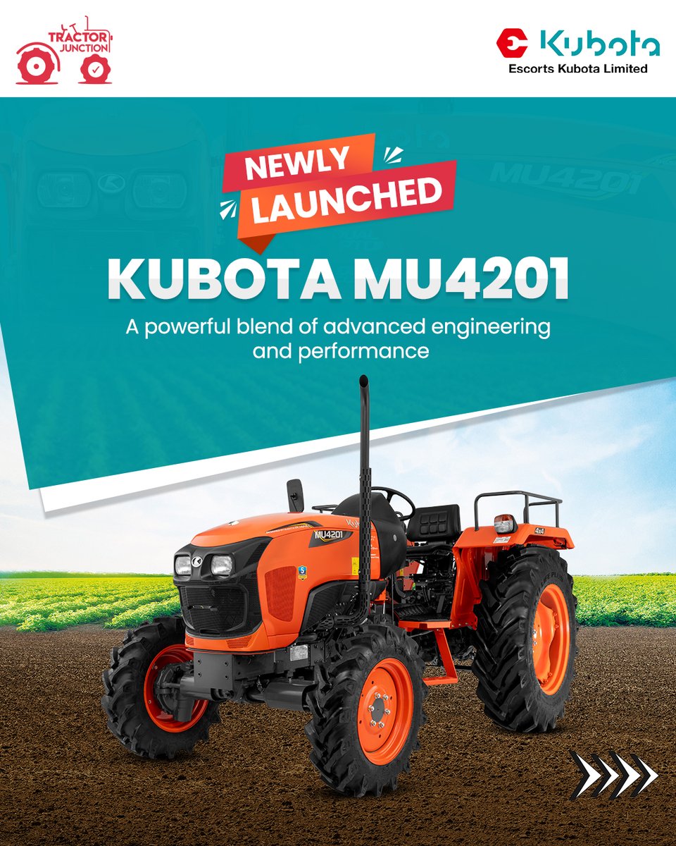 tractorjunction's tweet image. @EscortsKubota drops the all-new MU4201 in both 2WD &amp;amp; 4WD! 💪
Built for the fields, packed with tech – this tractor’s all about raw power and smart engineering

Swipe to know more&amp;gt;&amp;gt;

#KubotaMU4201 #TractorLaunch #KubotaIndia #FarmingRevolution #TractorJunction