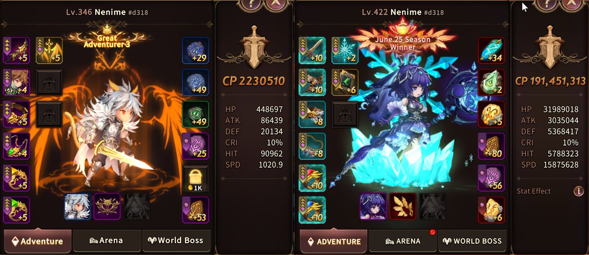The power creep in Nine Chronicles is REAL. Left picture was taken 1.5 years ago where 2 Million CP is kinda like God tier, today 191 Million CP doesn't even get you into Top 50. 😅
