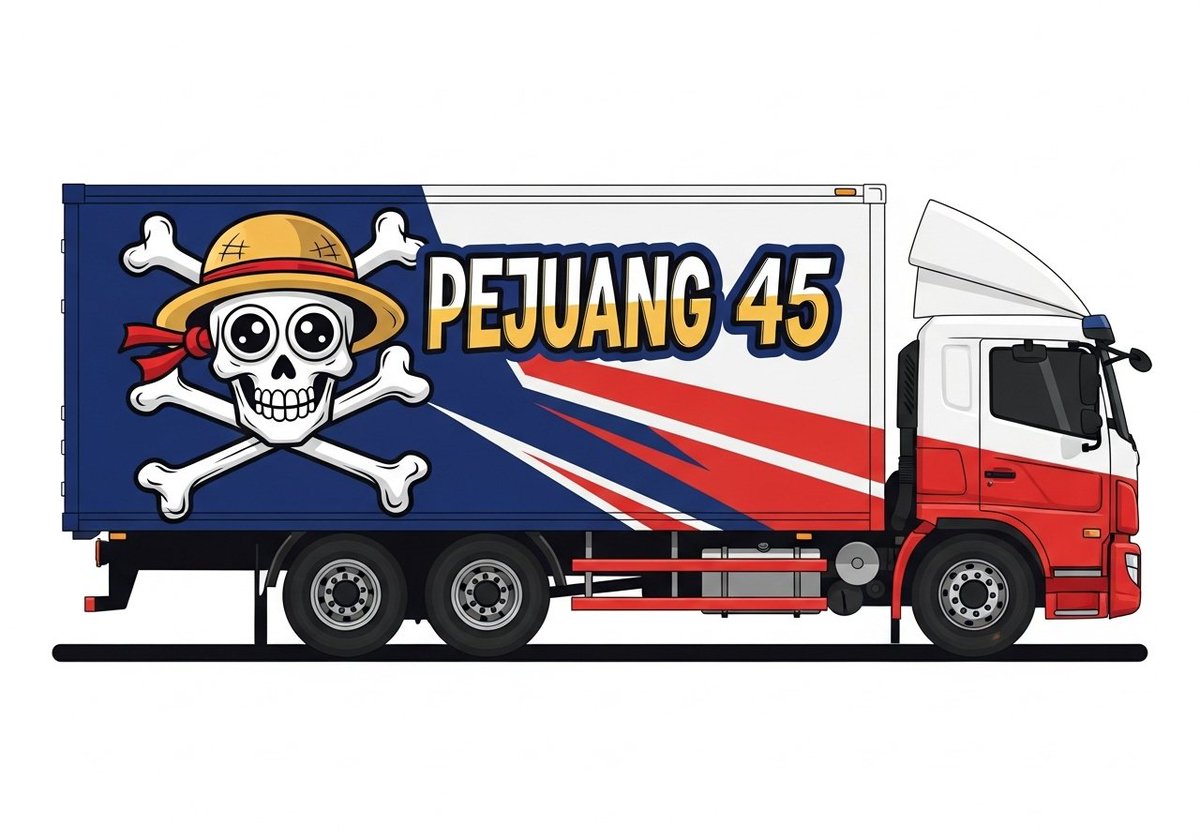 sultan_lim's tweet photo. @tempodotco MOBIL truk tronton (truk besar pengangkut barang) WARNA HITAM MERAH BIRU dengan desain stiker atau grafis besar pada bodinya. Grafis menampilkan logo bajak laut bergaya kartun one piece https://t.co/hyhrlEu3ws