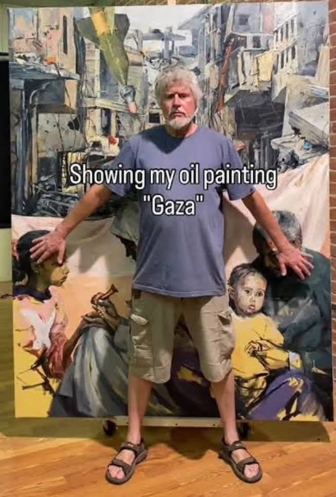 Bir sanatçı..
PAUL ABBOTT
Gazze'deki yıkımı, acıları tuvale yansıtan bir İngiliz Aktivist Ressam..
Resim sanatı etkili bir tarihi belgedir.
Bizlerde ; 
Susmayacağız
Unutmayacağız
Unutturmayacağız