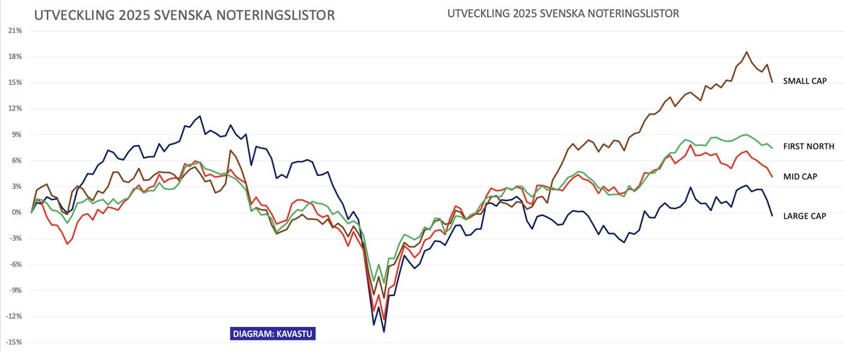 Small Cap har tagit täten i år. Large Cap på nollan. Uppgången på smålistor Small och First North är smal då det är ett mindre gäng bolag som drar index där. Just på grund av detta så har det varit "enkelt" att slå index i år då många bolag generellt står och stampar.