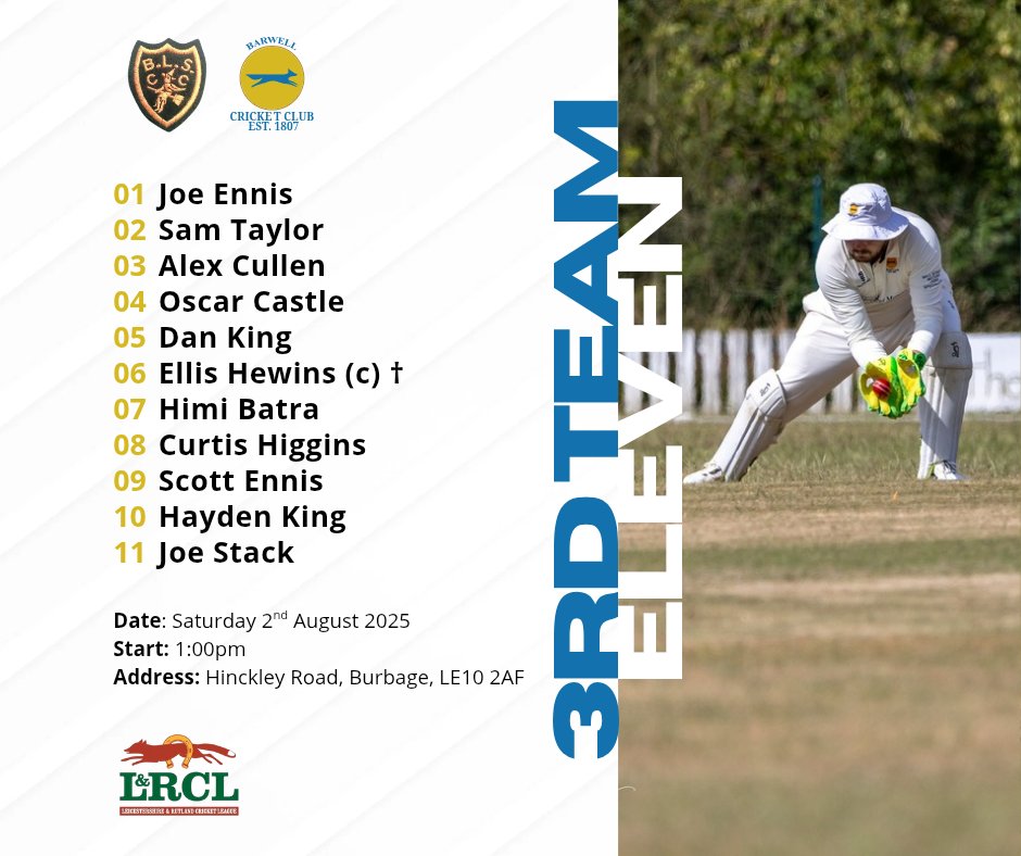 ** L&amp;RCL 2025 - Match Week 16 **

📅 Saturday 2nd August 2025
🕐 1pm Start 

1️⃣ XI
Barwell CC 🆚 Sileby Town 2nd XI

2️⃣ XI
Ratby Town CC 🆚 Barwell CC

3️⃣ XI
Broomleys CC 3rd XI 🆚 Barwell CC
 
barwell.play-cricket.com/Matches?tab=We…

Photos by Tim Armstrong Photography 📸