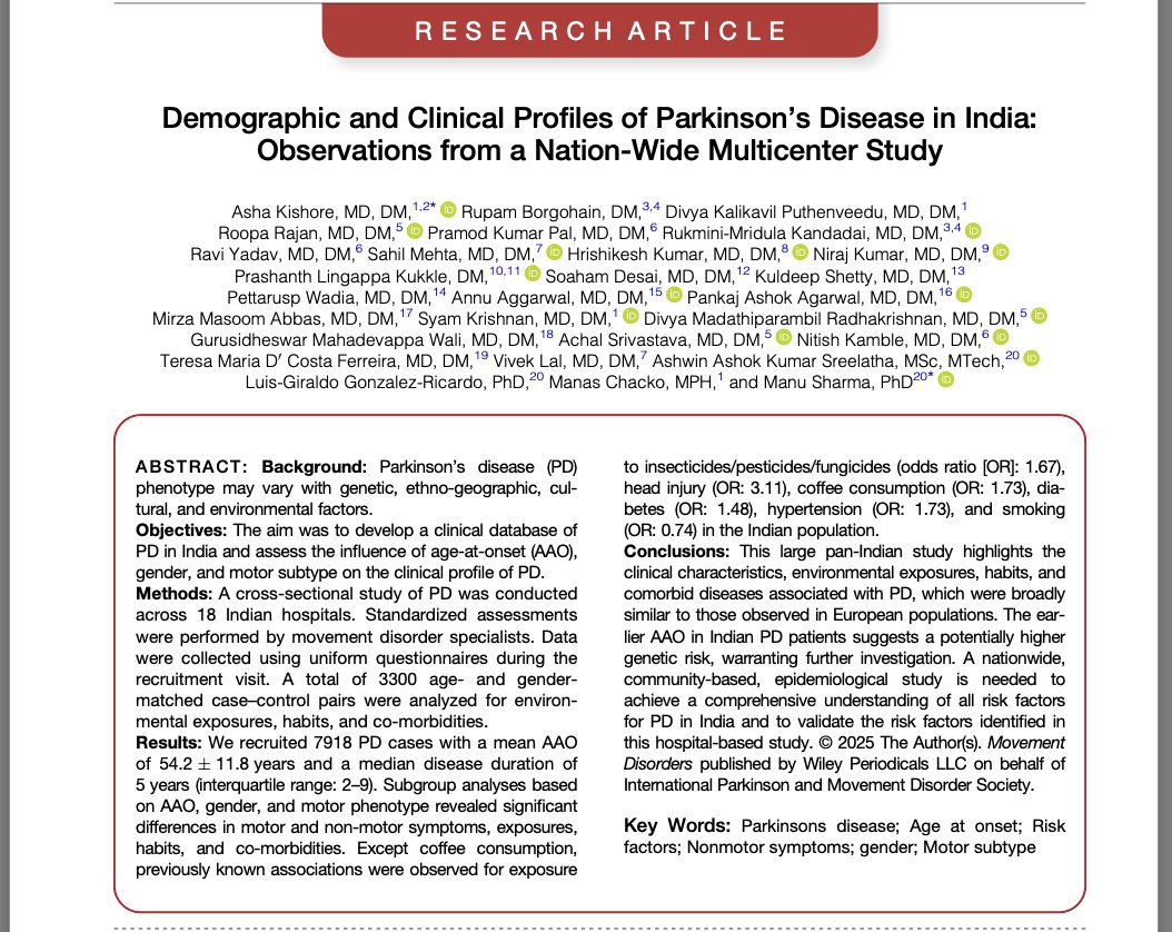 🧠 Parkinson’s in India is slightly different! 🇮🇳

✨ Did you know Indians develop Parkinson's a decade earlier than in the West? Or that your daily coffee might increase PD risk here, contrary to global data?

Here's what India's largest-ever Parkinson’s study teaches us:

🎯