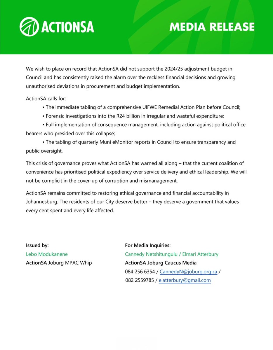 ActionSA is deeply alarmed by the contents of the letter issued by the Minister of Finance, Enoch Godongwana, to the Executive Mayor of Johannesburg, Cllr Dada Morero, exposing a damning picture of persistent non-compliance with the Municipal Finance Management Act (MFMA) and