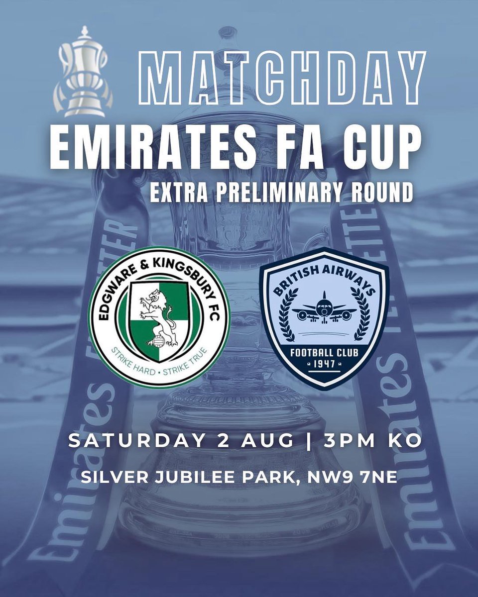 British Airways FC (@britishafc) on Twitter photo The road to Wembley begins!
We look to get into the next round of the cup today away to <a href="/E_K_FC/">Edgware & Kingsbury Football Club</a> in our new kit 💙 The road to Wembley begins!
We look to get into the next round of the cup today away to <a href="/E_K_FC/">Edgware & Kingsbury Football Club</a> in our new kit 💙