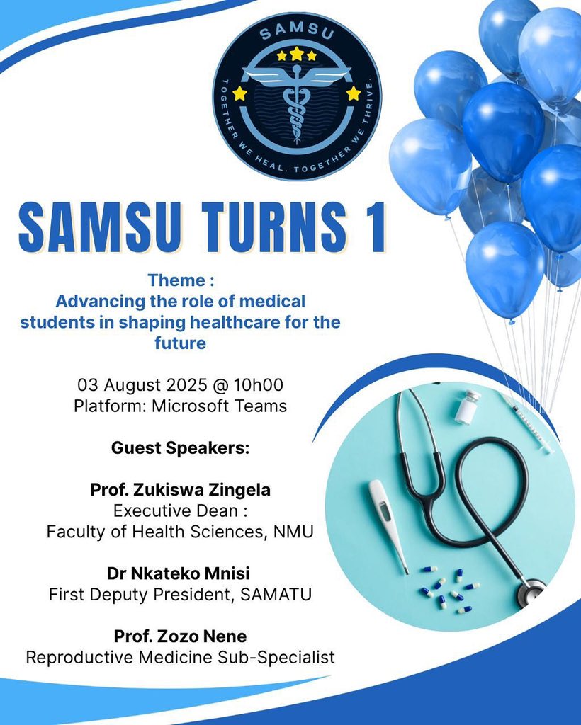 You're invited to:
*SAMSU 1 YEAR ANNIVERSARY CELEBRATION: RE-IMAGINING WOMEN IN HEALTHCARE LEADERSHIP* 

Sun Aug 03, 2025

10:00 - 14:00 (SAST)

teams.microsoft.com/l/meetup-join/…

Tap on the link or paste it in a browser to join.