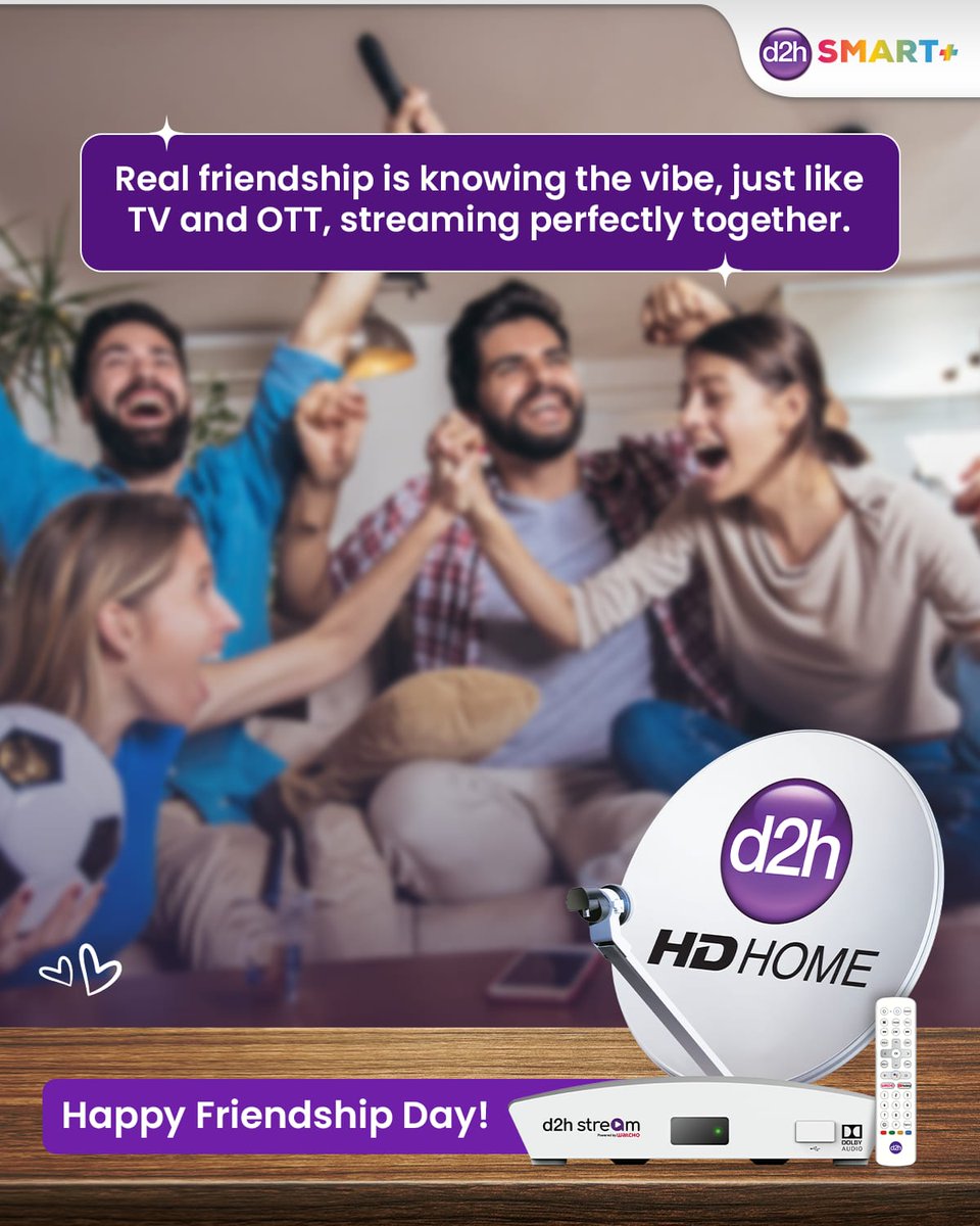 This Friendship Day, celebrate the ones who never fight for the remote, always laugh at your movie choices, and show up for every watch party!

Tag your binge buddy &amp; let the marathons begin!
.
.
#d2h #DirectToHeart #d2hSmart+ #Topical #Wishing #Celebrating #FriendshipDay