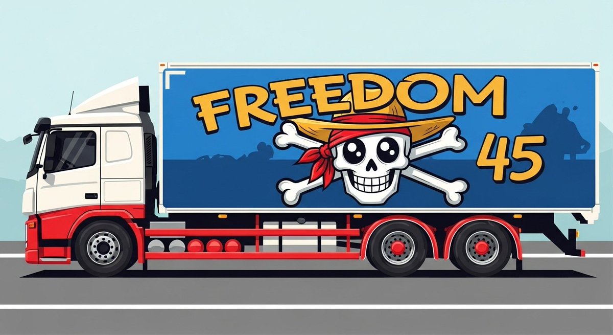 sultan_lim's tweet photo. @txtdrimedia MOBIL truk tronton (truk besar pengangkut barang) Grafis menampilkan logo bajak laut bergaya kartun: tengkorak tersenyum memakai topi jerami dengan pita merah, https://t.co/kyXF3pjr0c